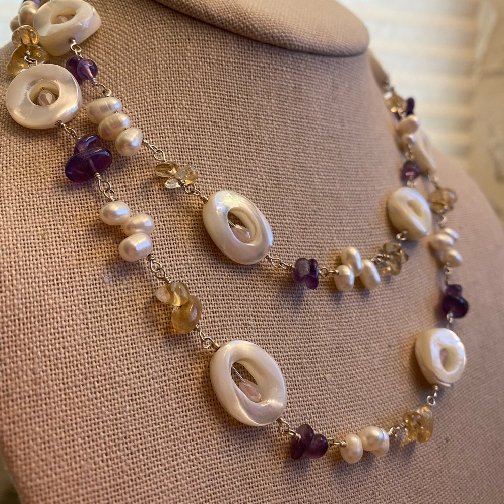 Shell, pearl, amethyst citrine 925 silver necklace